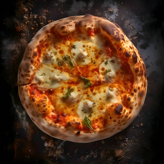 Foto de una pequeña pizza en una mesa oscura