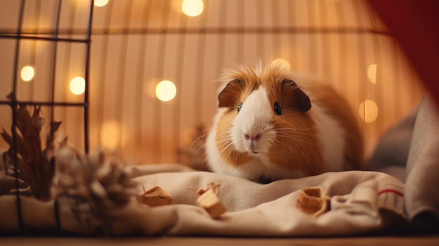 Foto una foto de un pequeño conejillo de indias marrón en un cómodo telón de fondo de habitación de jaula