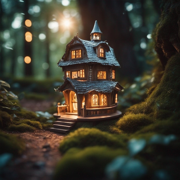 Foto pequeno conto de fadas casa cintilante em papel de parede floresta mágica