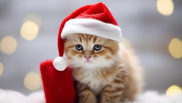 foto de un pequeño gatito rojo con un sombrero de Papá Noel