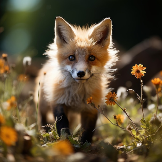 Foto de un pequeño kit de zorro rojo jugando en la hierba