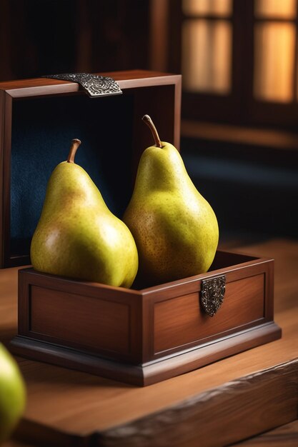 foto de pera fresca en caja de madera sobre un fondo de comida saludable tabel