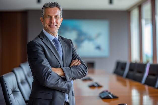 Una foto de perfil para un hombre de negocios de 52 años con una ligera sonrisa de éxito