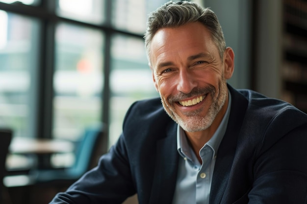 Una foto de perfil para un hombre de negocios de 52 años con una ligera sonrisa de éxito