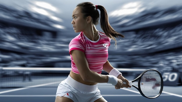 Foto de perfil de una jugadora de tenis de una mujer concentrada en ropa deportiva jugando al tenis