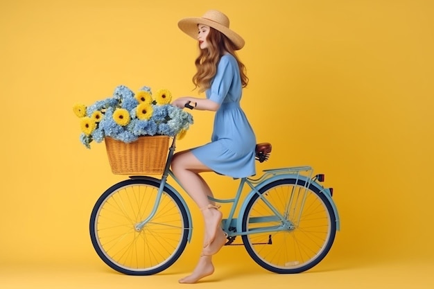 Foto foto de perfil lateral del tamaño del cuerpo de cuerpo entero de una chica alegre montando bicicleta azul con una cesta de flores aislada en vibrante