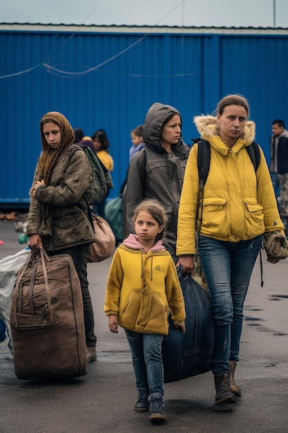 Foto periodística de dos mujeres y niños refugiados ucranianos llevando equipaje