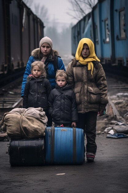 Foto foto periodística de dos mujeres y niños refugiados ucranianos llevando equipaje