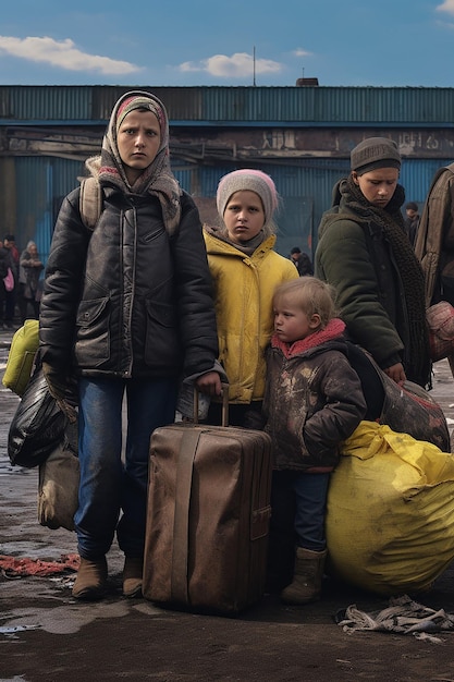Foto foto periodística de dos mujeres y niños refugiados ucranianos llevando equipaje