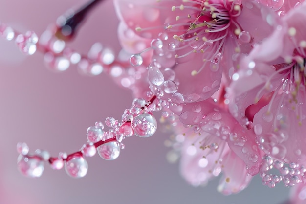 Foto de perlas de agua en las flores de cerezo rosadas