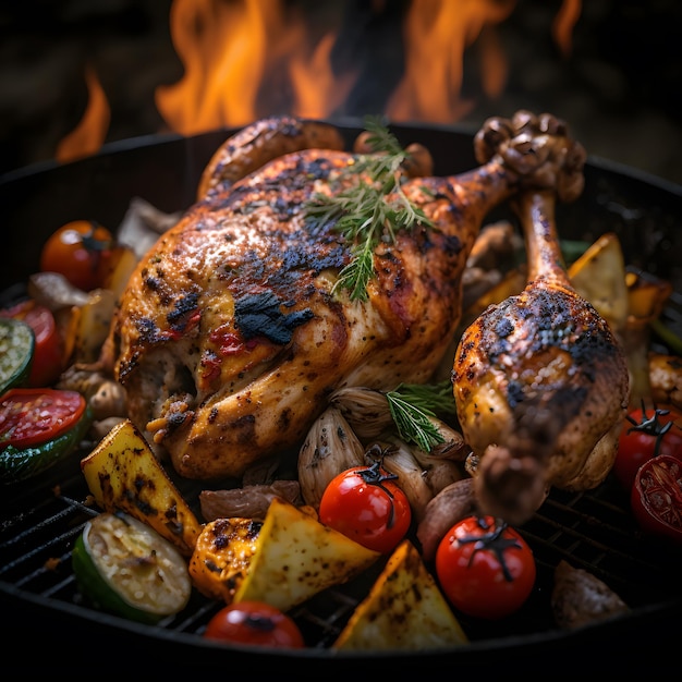 foto pernas de frango grelhadas na grelha flamejante com legumes grelhados com tomate, batata, pep