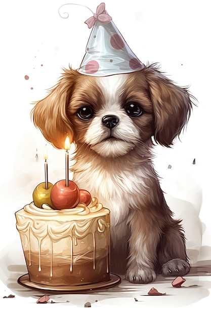 Foto una foto de un perro bebé con un pastel de cumpleaños