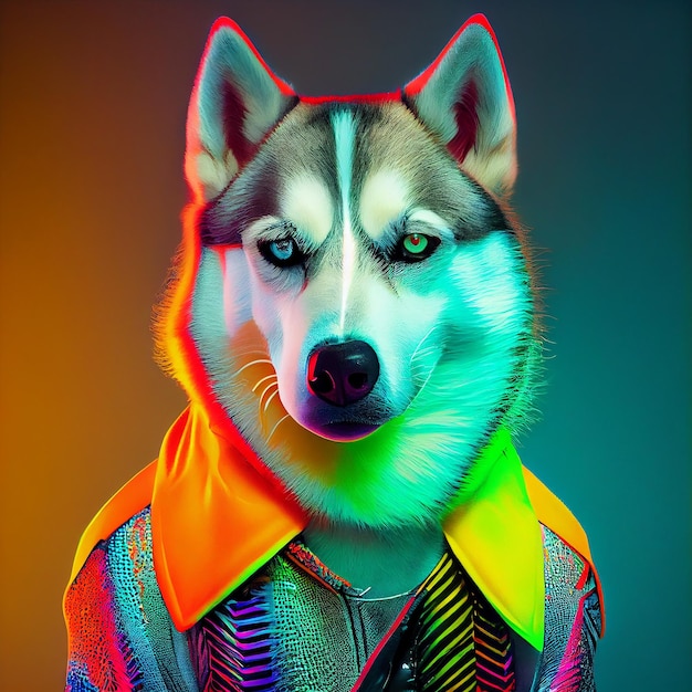 Una foto de un perro con una camiseta de arcoíris.