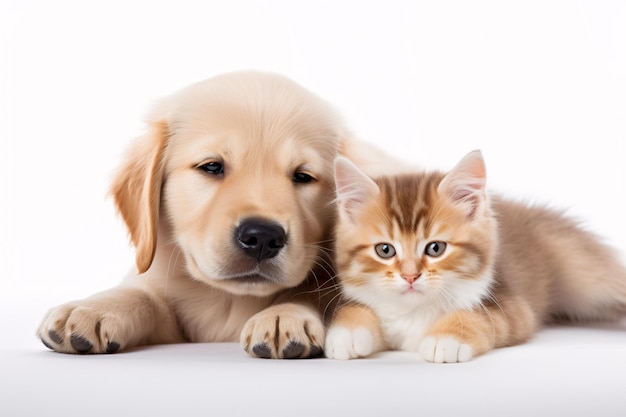 foto perro y gato sobre un fondo completamente blanco