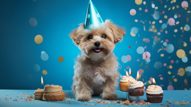 foto de perro con una gorra de cumpleaños en la cabeza y pastel de cumpleaños sobre un fondo azul ai generativo