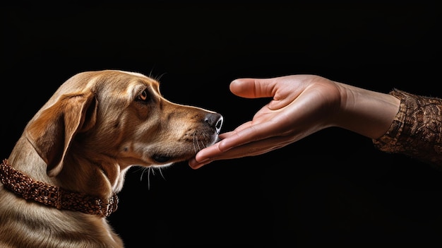 foto de un perro lindo olfateando la mano del dueño