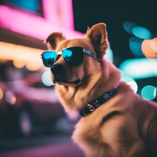 Una foto de un perro de moda de Vaporwave con gafas de sol en Miami