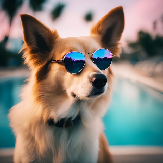 Una foto de un perro de moda de Vaporwave con gafas de sol en Miami