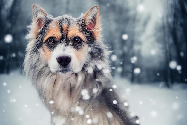 Foto de un perro en la naturaleza en el bosque nevado mirando a la cámara Foto de estilo glamour de abrigo suave