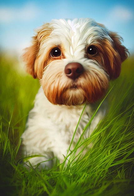 Foto de un perro en la naturaleza en el perro de hierba alta tirado en el cielo azul de hierba y nubes
