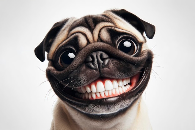 Foto foto de un perro pug con una gran sonrisa de dientes y ojos enormes sobre un fondo blanco ai generativo