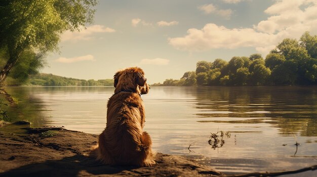 Foto la foto del perro está sentado en la orilla del río generada por ia