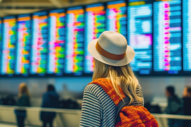 Foto de una persona en el aeropuerto frente a la pantalla de información de vuelos