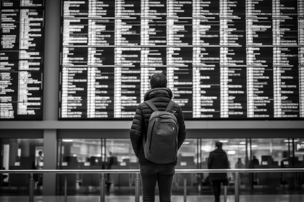 Foto de una persona en el aeropuerto frente a la pantalla de información de vuelos