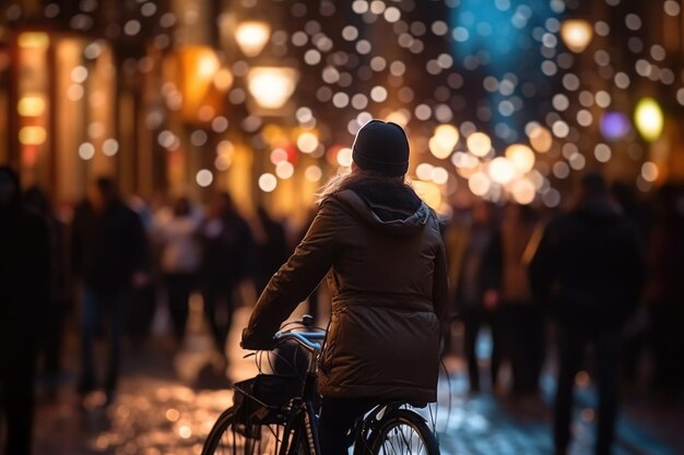 Foto de una persona en bicicleta en la multitud de la ciudad bajo las luces por la noche en la ciudad