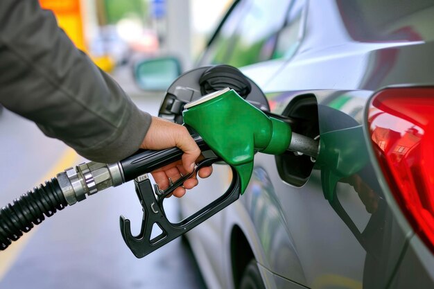 Foto de una persona bombeando gasolina en un automóvil en una gasolinera