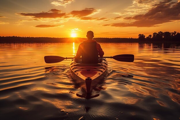 Foto de una persona en un kayak ancho con una persona en el sol poniente del lago IA generativa