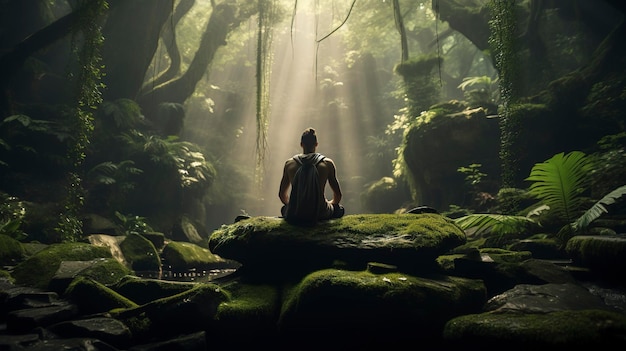 Una foto de una persona meditando en un bosque exuberante