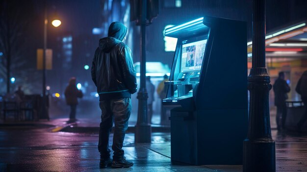 Una foto de una persona usando un cajero automático por la noche