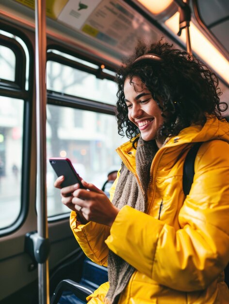 Foto foto de una persona usando un teléfono inteligente en el autobús