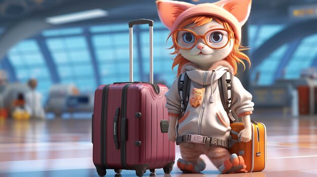 Una foto de un personaje 3D en un aeropuerto sosteniendo un equipaje