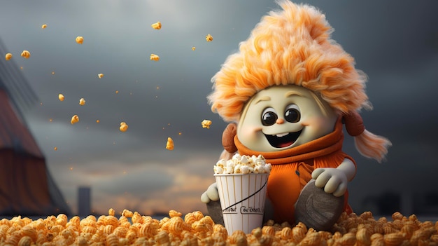 Una foto de un personaje 3D en un carnaval disfrutando de palomitas de maíz