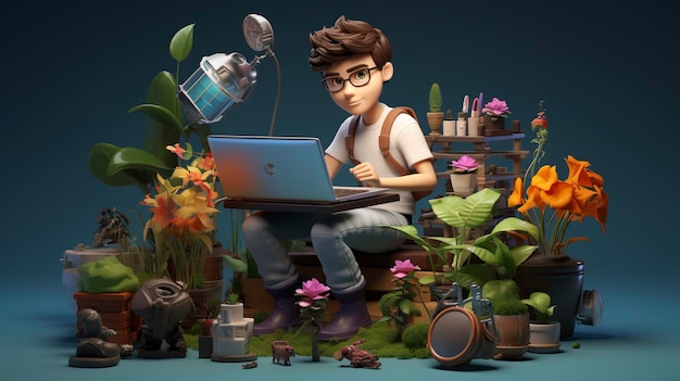 Foto una foto de un personaje 3d con una computadora y un jardín