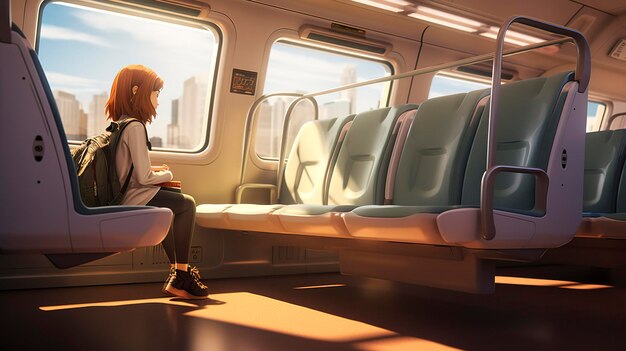 Una foto de un personaje 3D dentro de un tren espacioso y cómodo