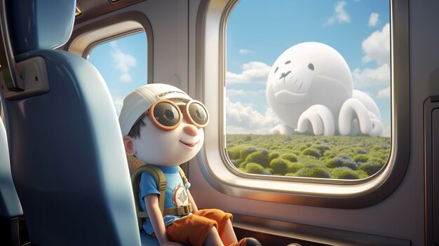 Una foto de un personaje 3D disfrutando de la vista desde un tren