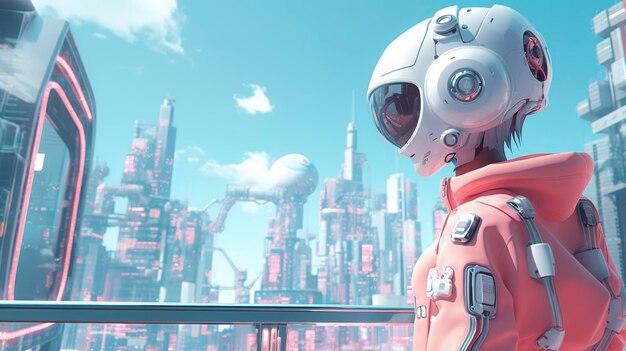 Una foto de un personaje 3D explorando un distrito tecnológico