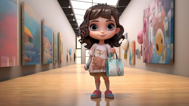 Una foto de un personaje en 3D en una galería de arte sosteniendo un bolso