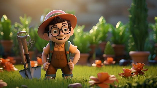 Foto una foto de un personaje 3d con herramientas de jardinería