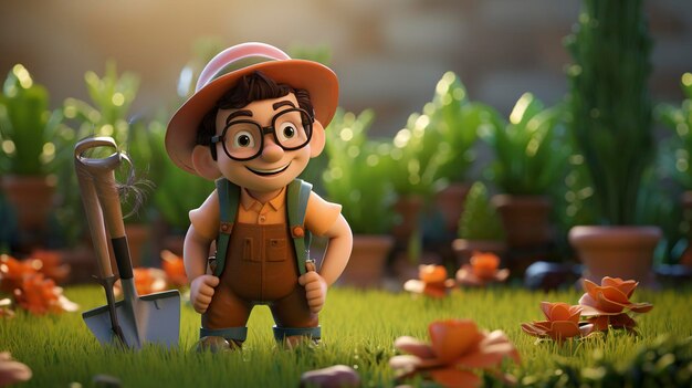 Una foto de un personaje 3D con herramientas de jardinería