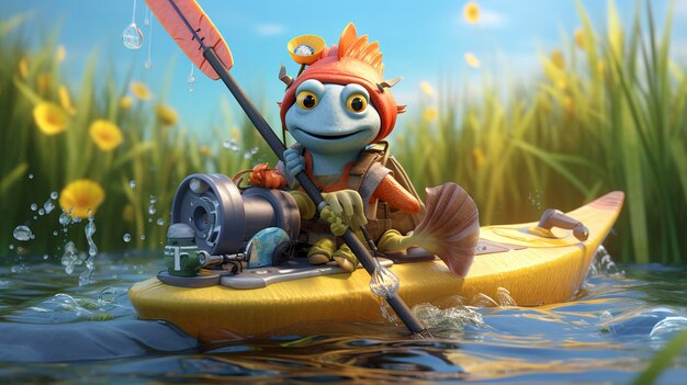 Una foto de un personaje 3D con un kayak de pesca