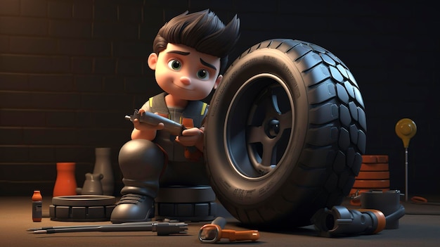 Una foto de un personaje 3D con un kit de reparación de neumáticos