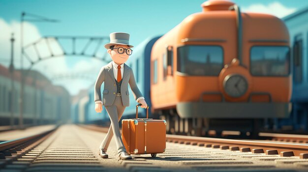 Una foto de un personaje 3D con una maleta viajando
