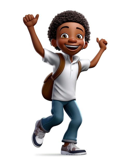 Foto de un personaje en 3D, un niño negro con una cara sonriente.