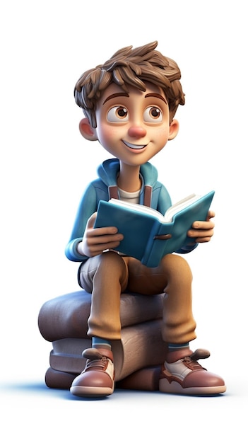 Una foto de un personaje en 3D de un niño sentado con un libro generativo ai