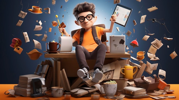 Una foto de un personaje 3D ocupado haciendo varias tareas con café