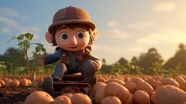 Una foto de un personaje 3D operando una plantación de patatas